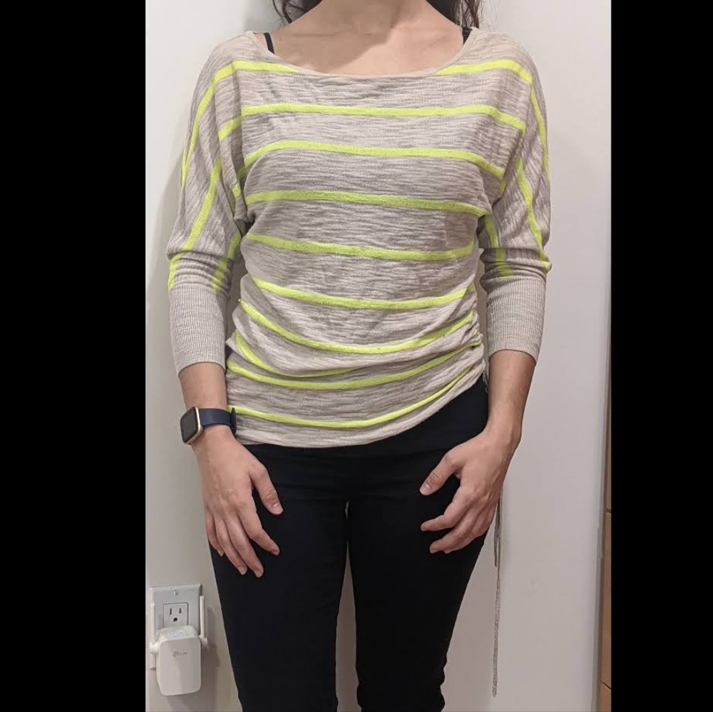 Gray and yellow striped asymmetric scrunch tie hem top